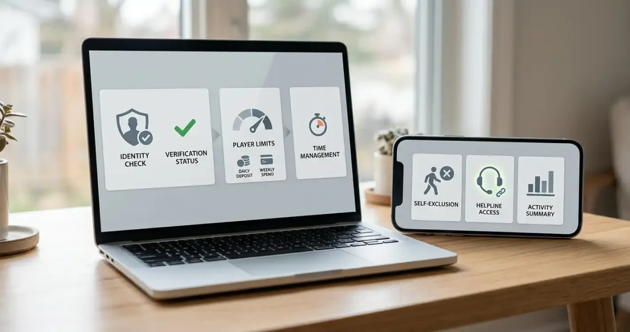 Online account safety dashboard represented by identity verification, deposit limit and self-exclusion controls