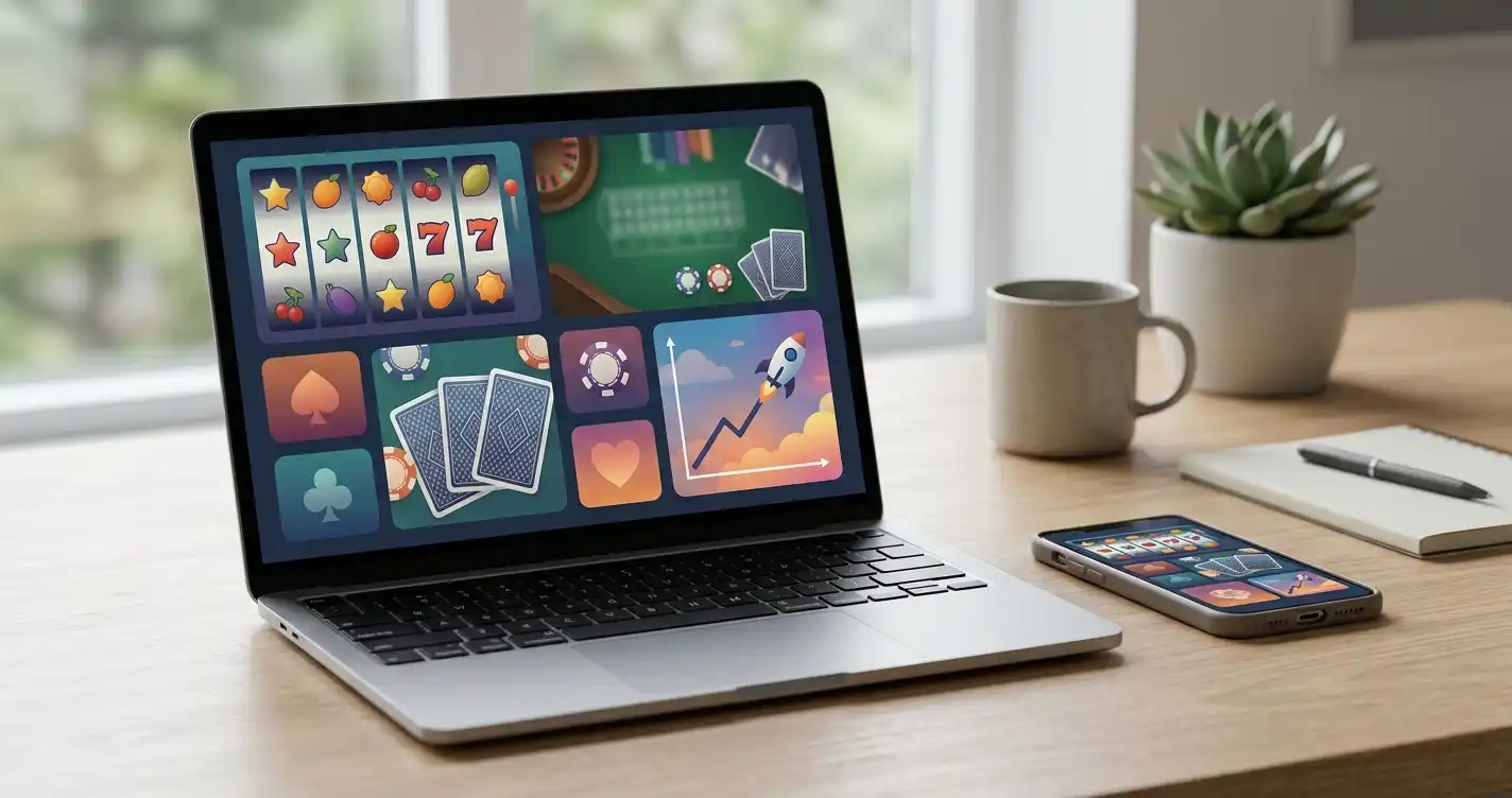 Laptop and phone showing abstract casino game tiles in a quiet home setting