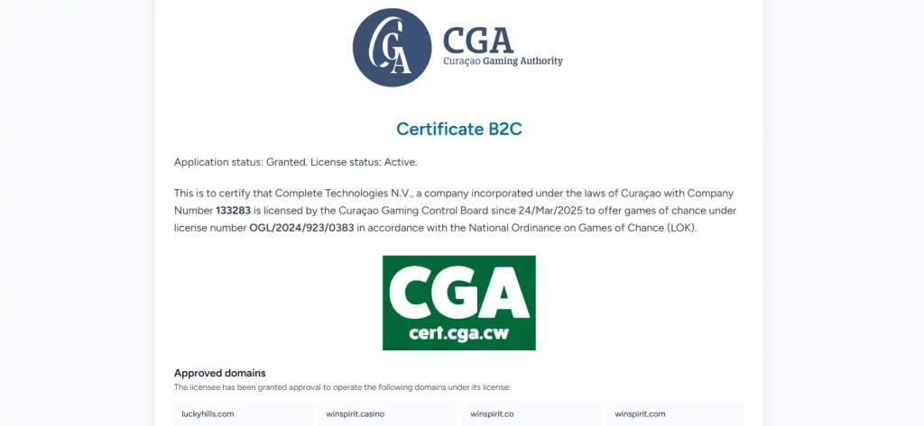 Curaçao Gaming Authority licence record for Complete Technologies N.V. and WinSpirit domains