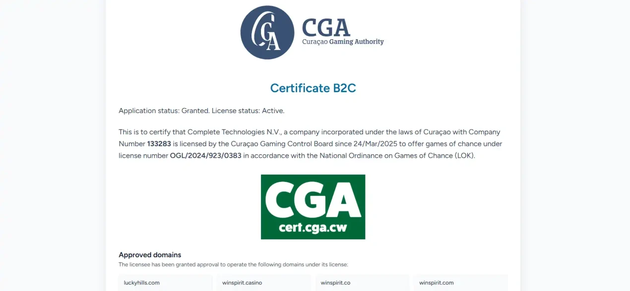 Curaçao Gaming Authority licence record for Complete Technologies N.V. and WinSpirit domains