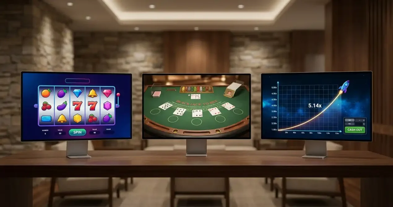 Online casino game categories represented by slot reels, a live dealer table and a crash-style multiplier display
