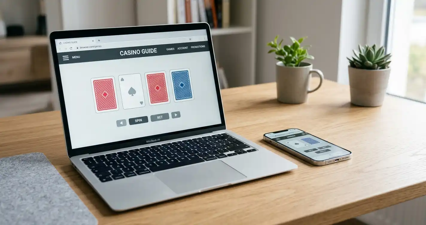 Phone and laptop with a clean browser-based casino interface in a modern desk setting