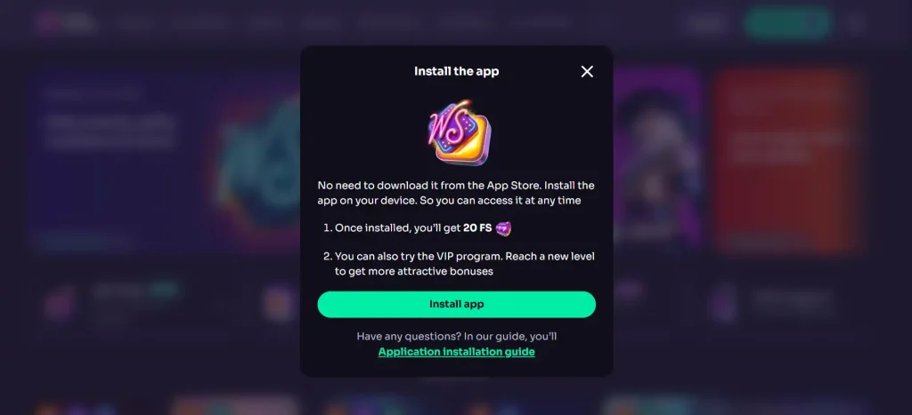 WinSpirit browser installation flow showing the option to add the web app to a compatible device without personal information