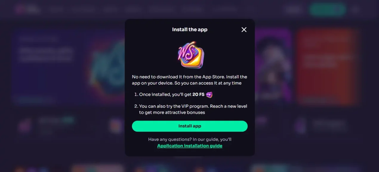 WinSpirit browser installation flow showing the option to add the web app to a compatible device without personal information